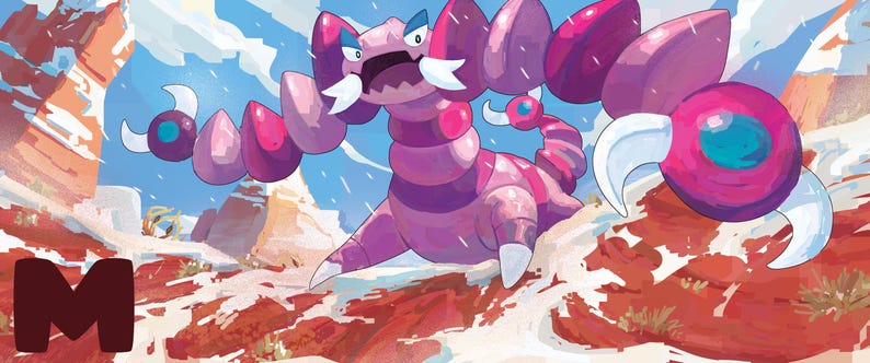 Puede incluir: Una ilustraci&oacute;n digital de una criatura segmentada de color p&uacute;rpura y rosa con grandes garras y colmillos blancos, sobre un paisaje des&eacute;rtico con formaciones rocosas rojas y un cielo azul. La letra M es visible en la esquina inferior izquierda.