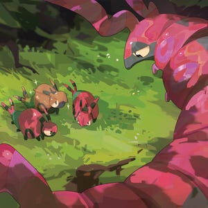 Puede incluir: Una ilustraci&oacute;n digital que muestra una criatura grande, segmentada, de color rosa y morado, curv&aacute;ndose alrededor de un grupo de criaturas m&aacute;s peque&ntilde;as, redondas, rojas y marrones en un &aacute;rea de hierba, con una letra D roja en la esquina inferior izquierda.