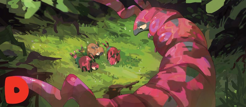 Puede incluir: Una ilustraci&oacute;n digital que muestra una criatura grande, segmentada, de color rosa y morado, curv&aacute;ndose alrededor de un grupo de criaturas m&aacute;s peque&ntilde;as, redondas, rojas y marrones en un &aacute;rea de hierba, con una letra D roja en la esquina inferior izquierda.