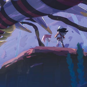 Puede incluir: Una ilustraci&oacute;n digital que muestra una criatura grande, segmentada, de color morado oscuro y rojo con p&uacute;as afiladas que flota sobre una peque&ntilde;a figura de pie en un acantilado rocoso en un entorno cavernoso de color azul profundo.