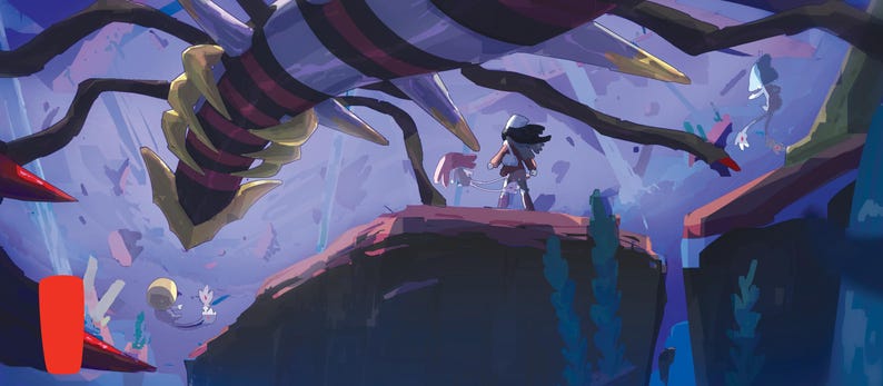 Puede incluir: Una ilustraci&oacute;n digital que muestra una criatura grande, segmentada, de color morado oscuro y rojo con p&uacute;as afiladas que flota sobre una peque&ntilde;a figura de pie en un acantilado rocoso en un entorno cavernoso de color azul profundo.