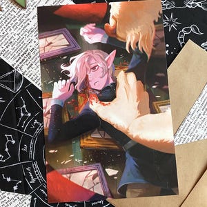 May include: A digital illustration of a person with long, pink hair lying on a floor with a bloody wound on their neck. The person is wearing a dark blue shirt and pants. A hand with long, white fingers is reaching down towards the person's neck.