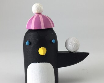 penguin with a snowball | penguin figure | holiday decoration | penguin lover gift | christmas decor | penguin art