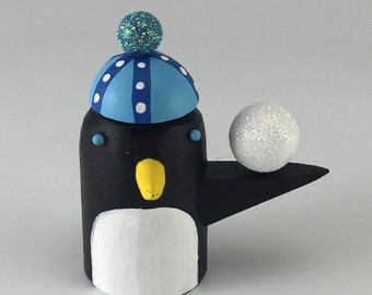 penguin with snowball | penguin figure | holiday decoration | penguin lover gift | christmas decor | penguin art