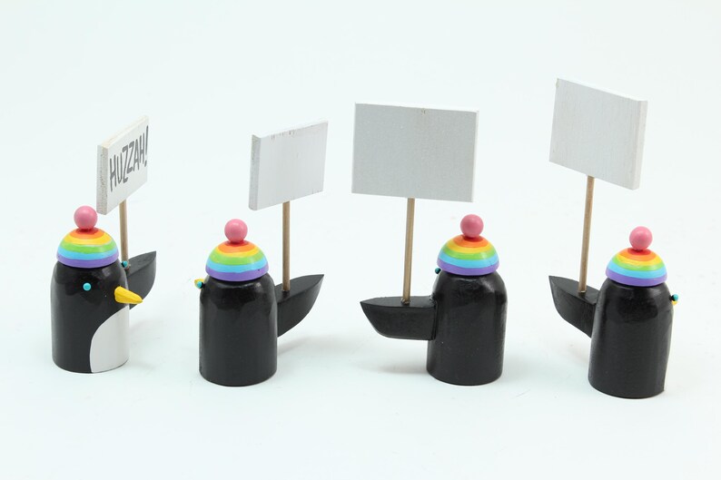 penguins with rainbow hats | holiday decoration tablescape | christmas gift stocking stuffer | folk art wood sculpture image 6