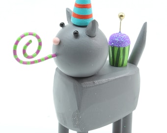 birthday kitty | gray cat figure | cake topper | folk art animal