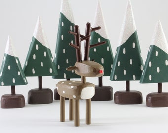 red nosed reindeer | folk art animal sculpture | tablescape | centerpiece | holiday decoration