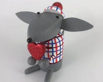 Gray Wolf with a Heart Sculpture | Woodland Animal | Wood Figure | Valentine | Anniversary | Folk Art Sculpture