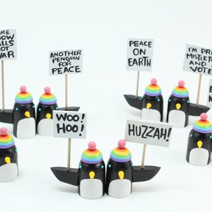 penguins with rainbow hats | holiday decoration tablescape | christmas gift stocking stuffer | folk art wood sculpture image 2