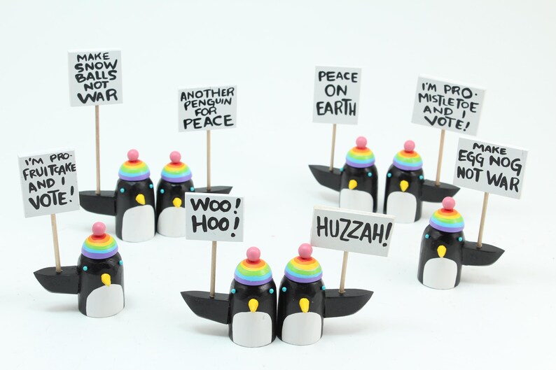 penguins with rainbow hats | holiday decoration tablescape | christmas gift stocking stuffer | folk art wood sculpture image 2
