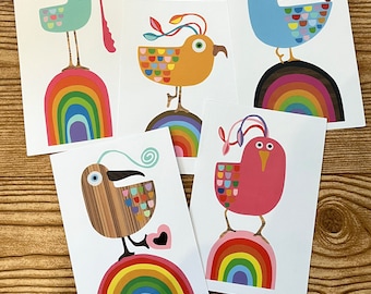 Set di cartoline Rainbow Birds / Saluti tramite posta lumaca / Fai sorridere una casella di posta / Cartolina postcrossing