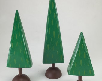 wood tree set | christmas putz | tiny forest | build a forest | woodland scene | pine trees | three green trees |