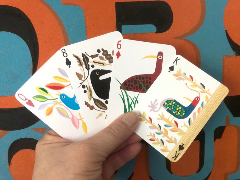 Playing Card Deck with 54 hand cut bird collages on each card face great for family camping or road trip image 1