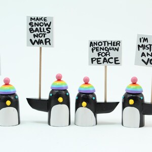 penguins with rainbow hats | holiday decoration tablescape | christmas gift stocking stuffer | folk art wood sculpture image 3