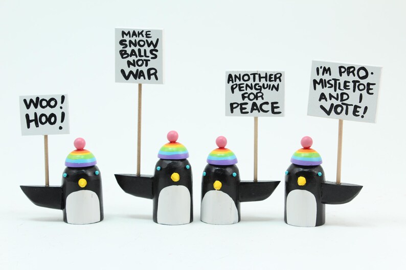 penguins with rainbow hats | holiday decoration tablescape | christmas gift stocking stuffer | folk art wood sculpture image 3