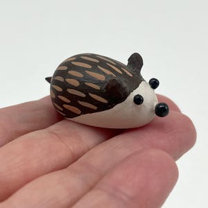 May include: A small, hand-painted ceramic hedgehog figurine with brown and tan markings. The figurine has black eyes and a white belly.