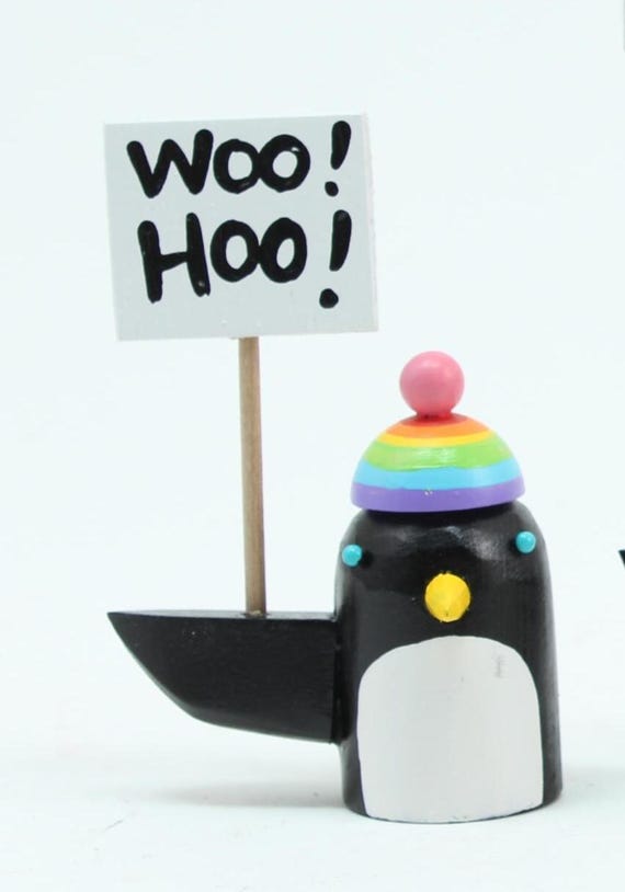 penguins with rainbow hats | holiday decoration tablescape | christmas gift stocking stuffer | folk art wood sculpture