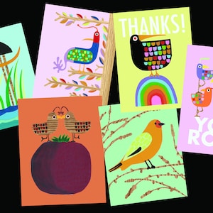 Set di biglietti d'auguri Bird Friends / biglietti arcobaleno / auguri posta lumaca / fai sorridere una cassetta postale / biglietto di ringraziamento