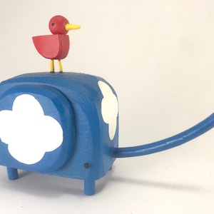 Blue Sky Elephant with Red Bird Buddy | Reclaimed Wood Sculpture