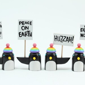 penguins with rainbow hats | holiday decoration tablescape | christmas gift stocking stuffer | folk art wood sculpture image 4