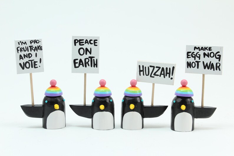 penguins with rainbow hats | holiday decoration tablescape | christmas gift stocking stuffer | folk art wood sculpture image 4