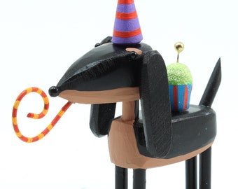 cane di compleanno / figura di bassotto nero e marrone / decorazione per torta / animale di arte popolare