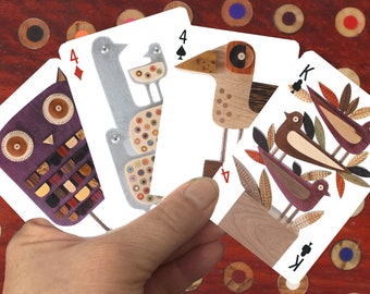 Playing Card Deck with 54 wood bird sculptures on each card face- great for bird lovers and art afficionados