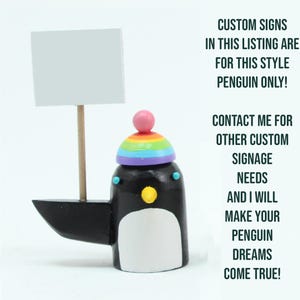 penguins with rainbow hats | holiday decoration tablescape | christmas gift stocking stuffer | folk art wood sculpture custom sign
