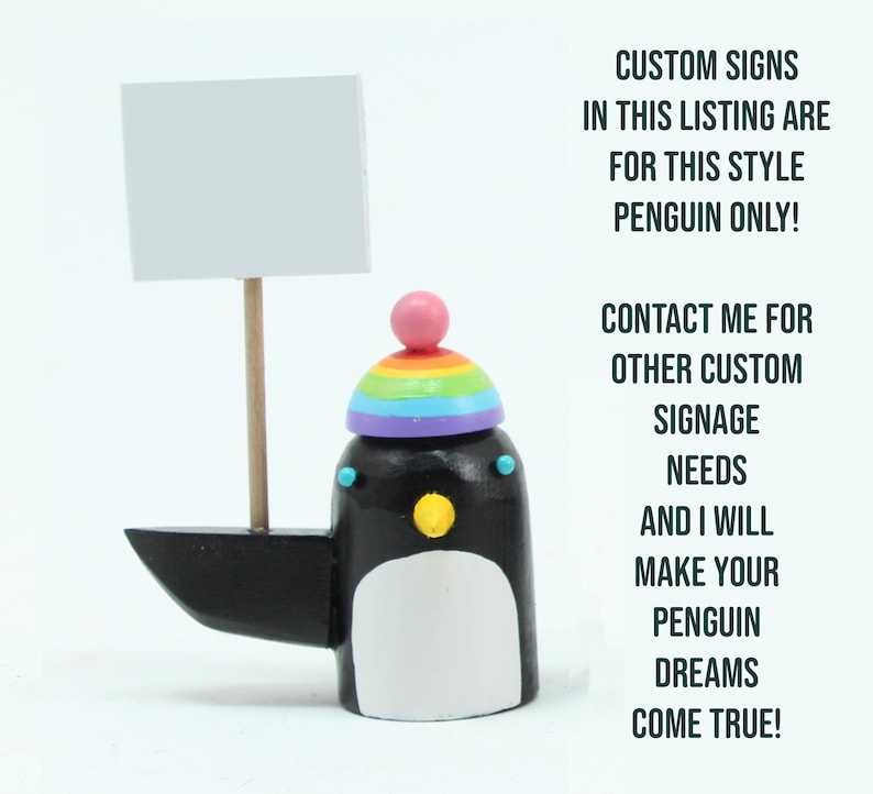 penguins with rainbow hats | holiday decoration tablescape | christmas gift stocking stuffer | folk art wood sculpture custom sign