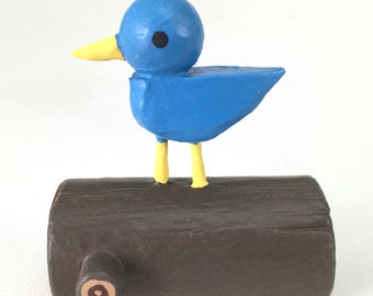 bird on a log figure | bird sculpture | bluebird | christmas putz | tiny forest | build a forest | woodland scene