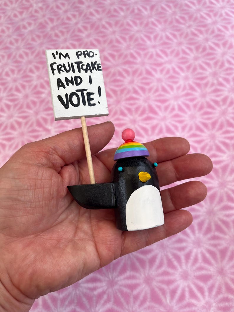 penguins with rainbow hats | holiday decoration tablescape | christmas gift stocking stuffer | folk art wood sculpture image 7