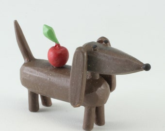 Doxie with apple | dachshund dog figure made from reclaimed wood for tablescape or teacher gift