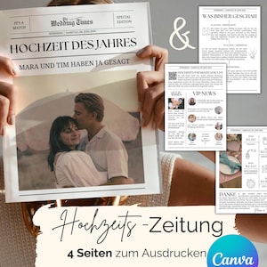 Peut inclure: Une maquette de journal de mariage avec le titre "Hochzeit des Jahres" (Mariage de l'année) et le texte "Mara und Tim haben ja gesagt" (Mara et Tim ont dit oui). Le journal est tenu par les mains d'une personne. Le journal contient une photo d'un couple s'embrassant sur la plage. Le journal a également une section appelée "VIP News" et une autre section appelée "Was bisher geschah" (Ce qui s'est passé jusqu'à présent).