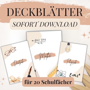 Fogli di copertina stampabili per 20 materie scolastiche in un design uniforme Organizzazione per la scuola elementare e superiore PDF per la stampa naturale