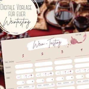 May include: A printable wine tasting sheet with a beige background and a red wine stain. The sheet has four columns labelled 1 through 4. Each column has spaces for the name, vintage, grape variety, origin, colour, sweetness level, and price of the wine.