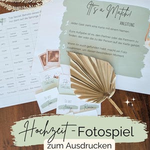 May include: A printable wedding photo game with instructions on a green background. The game is called "It's a Match!" and includes a list of names and a challenge card. The game is designed to be played by couples at their wedding reception.