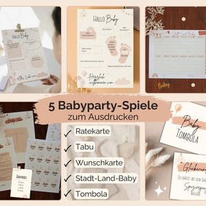 5 Babyparty Spiele zum Ausdrucken Spiele-Bundle + GRATIS Namensschilder PDF Download zum Ausdrucken Babyparty Bundle Boho natur