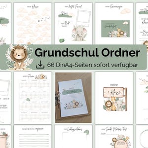 May include: A collection of printable school pages with a safari theme. The pages feature illustrations of a lion, elephant, and giraffe. The title "Grundschul Ordner" is displayed prominently, along with the text "66 DinA4-Seiten sofort verfügbar."