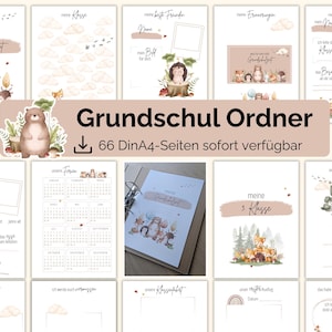 Könnte beinhalten: Eine Sammlung illustrierter Seiten für einen Schulordner. Die Seiten zeigen Illustrationen von Waldtieren, Fotorahmen und Text auf Deutsch. Der Titel "Grundschul Ordner" ist prominent dargestellt, zusammen mit dem Text "66 DinA4-Seiten sofort verfügbar".