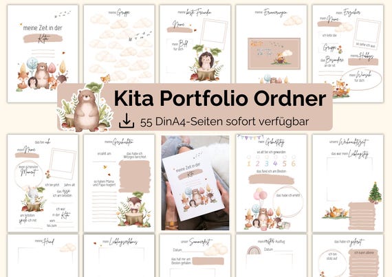 Kita Portfolio Ordner zum Ausdrucken DinA4 Kita Vorlagen zum Ausfüllen Geschenk zum ersten Kita-Tag Tierkinder Motive