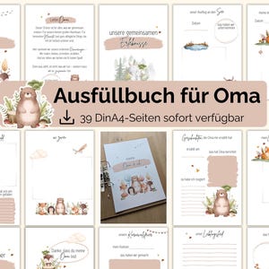 Puede incluir: Un conjunto de páginas ilustradas para un libro de recuerdos, con ilustraciones de animales del bosque y el texto "Ausfüllbuch für Oma" (Libro para rellenar de la abuela). Las páginas tienen espacio para escribir y dibujar.