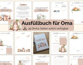 Printbaar cadeau voor oma: A4 invulboek, fotoalbum voor oma, printbare sjabloon voor kleinkinderen om herinneringen vast te leggen, 39 pagina's met dieren
