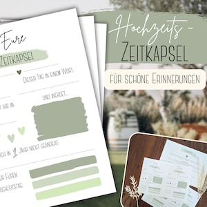 Cápsula del tiempo de recuerdos de boda para el 1.º al 10.º aniversario de bodas. Descarga PDF para imprimir en acuarela verde salvia.