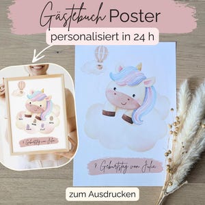 Kindergeburtstag Gästebuch Poster Einhorn zum Ausdrucken personalisiertes Gästebuch als PDF Datei