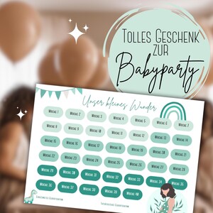 Peut inclure: Un jeu de baby shower imprimable avec un thème vert et blanc. Le jeu est un suivi de grossesse avec 40 semaines, chaque semaine étant représentée par un cercle avec le mot "Woche" et le numéro de la semaine. Le texte "Unser kleines Wunder" est en haut du jeu.