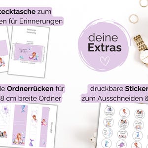 deine Extras: passende Stickervorlagen zum Ausdrucken, Ausschneiden und Aufkleben, eine Einstecktasche zum Aufkleben für tolle Erinnerungen und passende Ordnerrücken