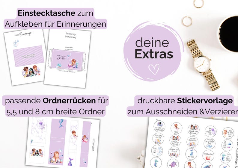 deine Extras: passende Stickervorlagen zum Ausdrucken, Ausschneiden und Aufkleben, eine Einstecktasche zum Aufkleben für tolle Erinnerungen und passende Ordnerrücken