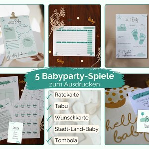 5 giochi per baby shower da stampare in bundle + etichette con nome GRATUITE da scaricare in formato PDF da stampare Boho Green