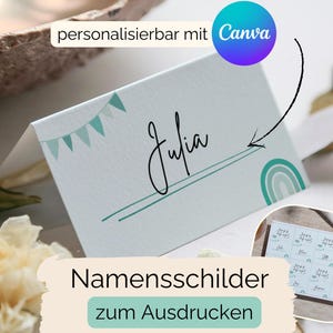 Marque-places personnalisés baby shower à imprimer soi-même modifiable avec Canva DIY décoration baby party télécharger pour imprimer bohème vert