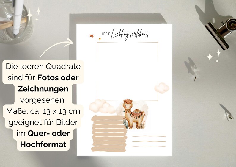 die leeren Quadrate sind für Fotos oder Zeichnungen vorgesehen - im praktischen 13 x 13 cm Format, damit sowohl Hoch- als auch Querformat Fotos passen